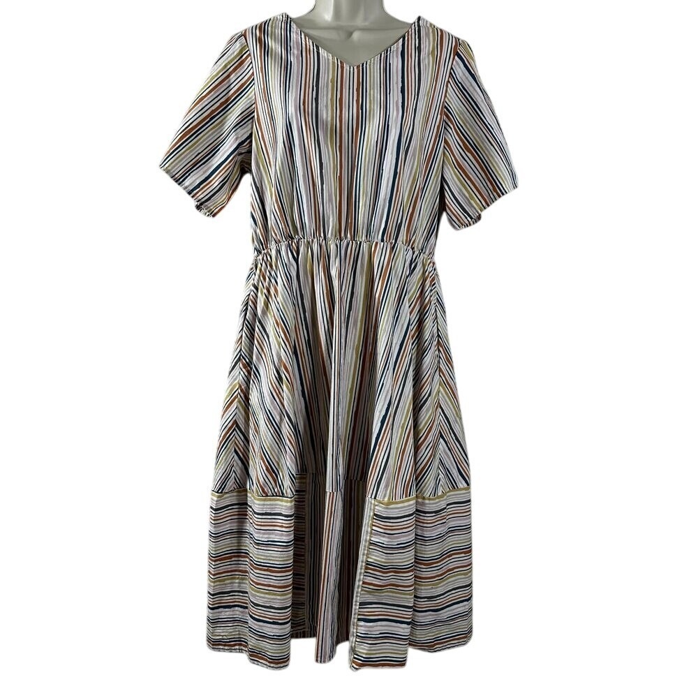 Sweet Salt Womens‎ Striped Cotton Midi Dress V-Neck Elastic Waist Multicolor 12